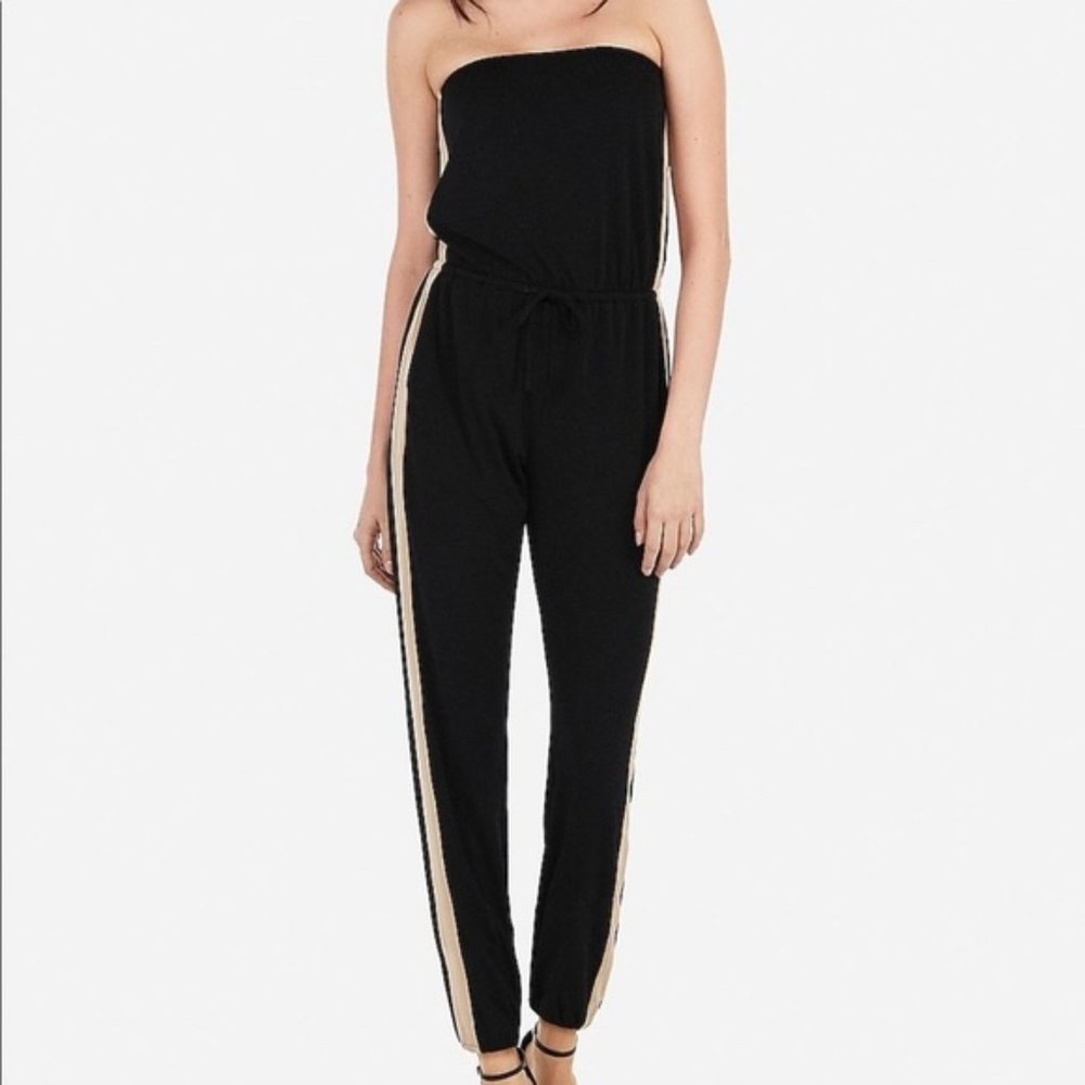Express STRAPLESS SPORTY STRIPED JUMPSUIT - Black